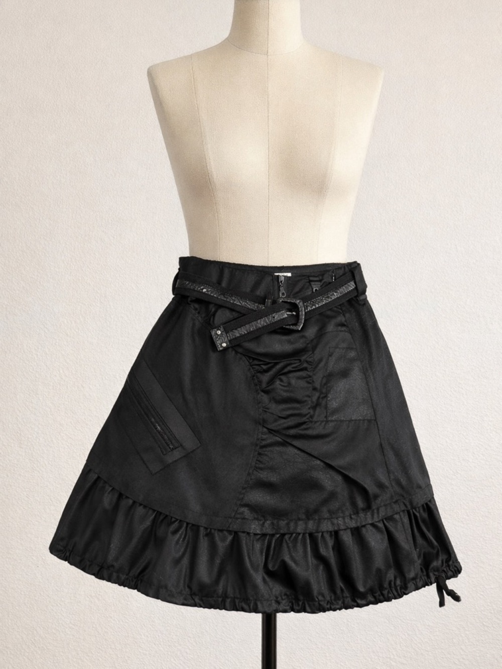 Black A-Line Ruffled Mini Skirt with Belt